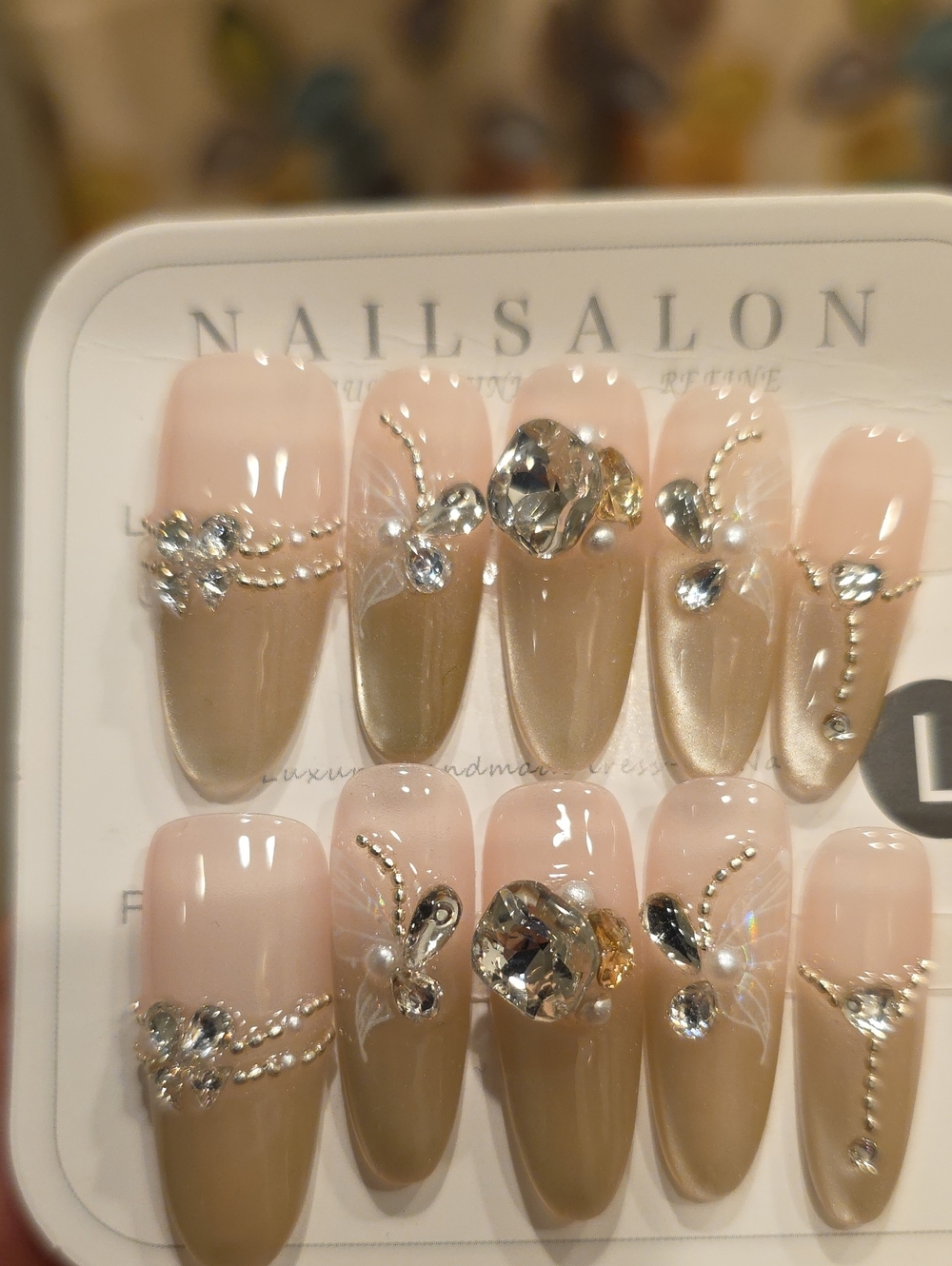 Luxury Beige & Pink Rhinestone Press-On Nail Set by Size Large